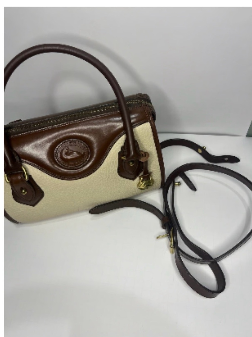 Dooney & Bourke Cream and Brown Leather-Trim Satchel with Removable Strap